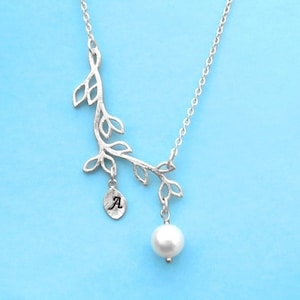 Personalizado, Carta, Inicial, De lado, Rama, Perla, Oro, Plata, Lariat, Collar, Cumpleaños, Mejores amigos, Mamá, Hermana, Regalo, Joyería