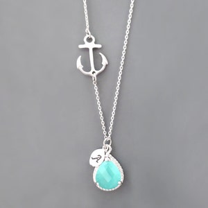 Personalized Initial Marine Sideways Anchor Necklace, Mint Stone Necklace, Nautical Necklace, Travel Necklace, Custom Letter Necklace