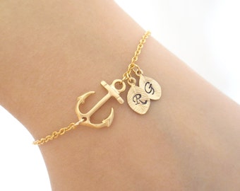 Personalized bracelet Gold anchor initial bracelet Handmade gift Handmade jewelry Personalized jewelry Gift for women Gift for grandma