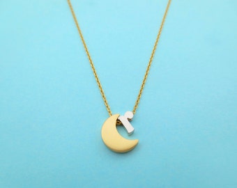 Personalized, Lower case, Initial, Gold, Crescent, Moon, Silver, Necklace, Two tone, Color, Gold moon, Silver letter, Gift, Jewelry