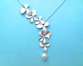 Triple, Orchid, White, Pearl, Silver, Necklace, Lariat, Flower, Necklace, Birthday, Wedding, Anniversary, Mom, Sister, Gift, Jewelry