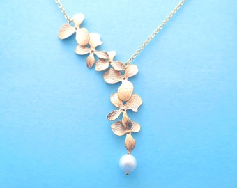 Double, Orchid, Lariat, Y, Flower, Pearl, Gold, Necklace, Lovely, Modern, Jewelry, Birthday, Wedding, Anniversary, Mom, Gift, Jewelry