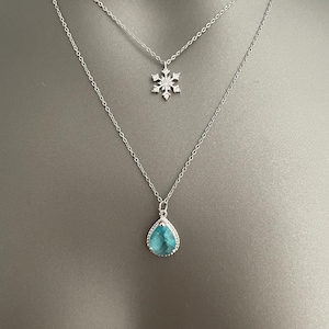 Layered Snowflake Necklace – Winter-Inspired Jewelry | Silver-Plated Aqua Teardrop Pendant | Dainty Double Layer Necklace | Gift for Her