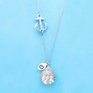 Personalized, Letter, Initial, Sideways, Marine, Anchor, Cubic, Stone, Silver, Necklace, Modern, Beautiful, Birthday, Friends, Wedding, Gift
