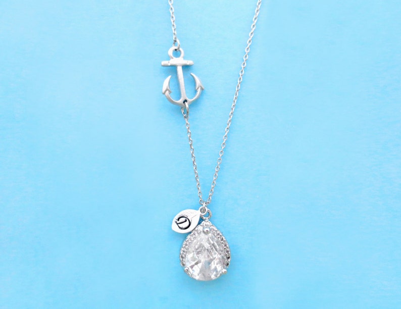 Silver Personalized Birthday Anchor Beautiful Necklace Marine Wedding Gift Stone Sideways Letter Initial Friends Modern Cubic