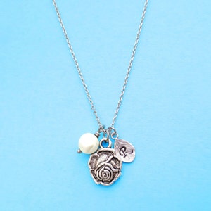 Personalized, Initial and pearl color, Belle, Rose, Flower, Silver, Necklace, Birthday, Lovers, Friendship, Gift, Jewelry