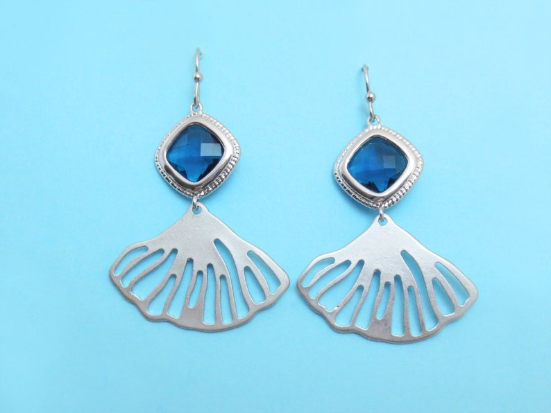 Ariel Seashell Fan blue glass Birthday Gift Earrings Silver Anniversary Party Modern Conch Earrings Bridesmaids