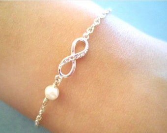 Cubic, Infinity, White, Pearl, Gold, Silver, Bracelet, Birthday, Friendship, Lovers, Mom, Sister, Gift, Jewelry