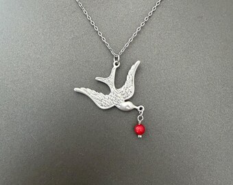 Silver Swallow Bird Necklace with Red Bead – Flying Bird Pendant Necklace, Dainty Nature Jewelry, Bird Lover Gift, Minimalist Necklace