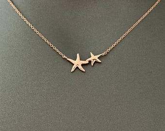 Double Starfish Necklace, Gold Silver or Rose Gold Plated Ocean Necklace, Dainty Beach Jewelry for Women, Coastal Gift for Her