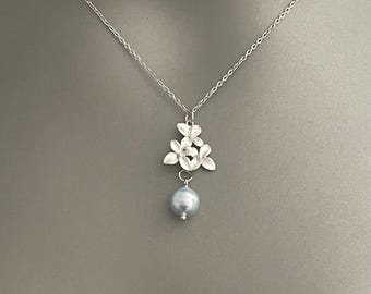 Gold/Silver Blossom Necklace – Elegant Floral Jewelry | Swarovski Sky Blue Pearl Pendant | Dainty Wedding Charm | Nature-Inspired Gift