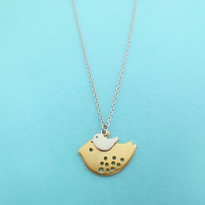 Two, Tone, Mom, Baby, Bird, Gold, Silver, Necklace, Modern, Dainty, Minimal, Animal, Necklace, Gift, Jewelry