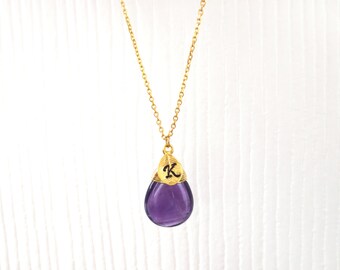 Personalized gift, Amethyst necklace, Purple stone necklace, Initial necklace, Gold necklace, Anniversary present, New mom present