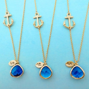 Conjunto de 2-10, Personalizado, Carta, Inicial, De lado, Marino, Ancla, Azul, Vidrio, Oro, Collar, Conjuntos, Boda, Dama de honor, Novia, Regalo