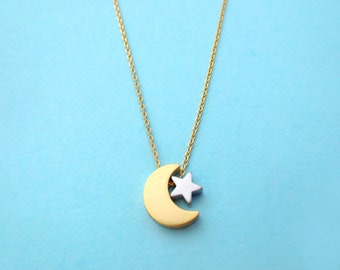 Gold crescent moon and tiny silver star, Gold chain, Moon and star, Necklace, Birthday, Friendship, Mom, Sister, Gift, Jewelry