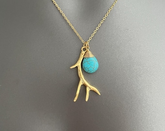 Antler Spirit Necklace – Gold-Plated Antler Pendant with Turquoise Gem | Rustic Boho Jewelry | Nature-Inspired Gift for Her