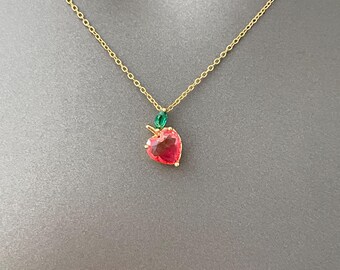Tiny Peach Necklace – Gold Plated Fruit Jewelry | Pink Crystal Peach Pendant Necklace | Cute Summer Gift for Her