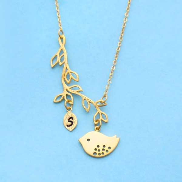 Personalized, Letter, Initial, Bird, Sideways, Tree, Lariat, Gold, Silver, Necklace, Birthday, Lovers, Friendship, Gift, Jewelry