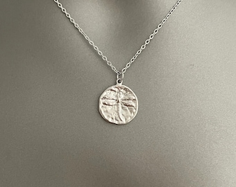 Dragonfly Coin Necklace – Gold or Silver Plated | Textured Round Pendant | Nature Inspired Jewelry | Dainty Minimalist Necklace