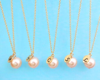 Set of 1-10, Personalized, Letter, Initial, 10mm, Peach, Pearl, Gold, Silver, Necklace, Sets, Wedding, Bridesmaid, Bridal, Gift, Jewelry