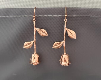 Long Stem Rose Earrings – Gold/Silver/Rose Gold Plated Floral Jewelry | Romantic Rose Dangle Earrings | Botanical Gift for Her