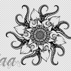 Puede incluir: Ilustración en blanco y negro de línea de un pulpo con tentáculos que forman una flor. El centro de la flor es un diseño de mandala.