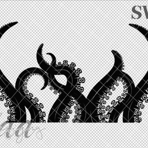 Puede incluir: Silueta negra de un pulpo con múltiples tentáculos que se elevan. Los tentáculos están detallados con ventosas.