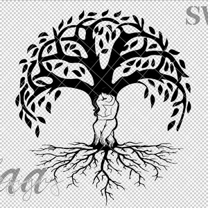 May include: Black and white silhouette of a tree with two figures embracing at the base of the trunk. The tree has a large, spreading canopy and intricate roots.