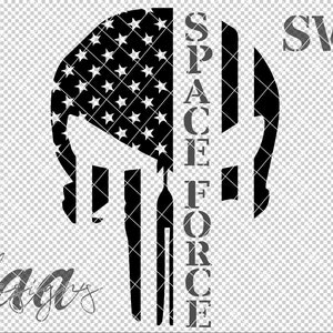 May include: Black and white graphic design featuring a skull with the American flag incorporated into the design. The words "SPACE FORCE" are vertically aligned. The letters "SVG" are in the upper right corner.