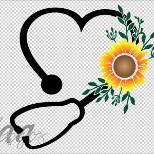 Peut inclure: Un stéthoscope noir en forme de cœur avec un tournesol et des feuilles vertes sur le côté droit.