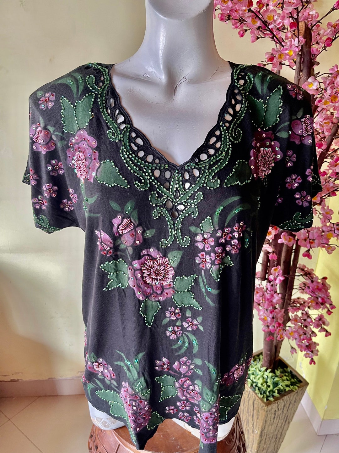 M L Top Jersy Air Brush Bali Embroidery/embroidered Beads Plus Size ...