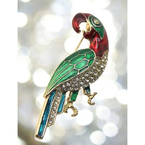 Vintage Enamel Parrot Brooch Rhinestones Gold-Tone Bird Pin Tropical Jewelry Accessory