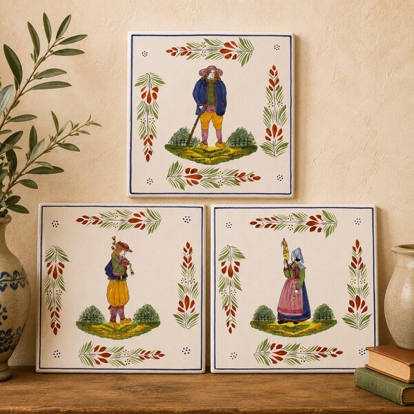 Vintage French Hand Painted Faience Tile Quimper Style Breton Folk Art Cerabati France