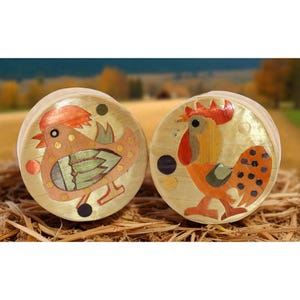 Vintage Chinese Straw Marquetry Trinket Box Pair Folk Art Rooster 