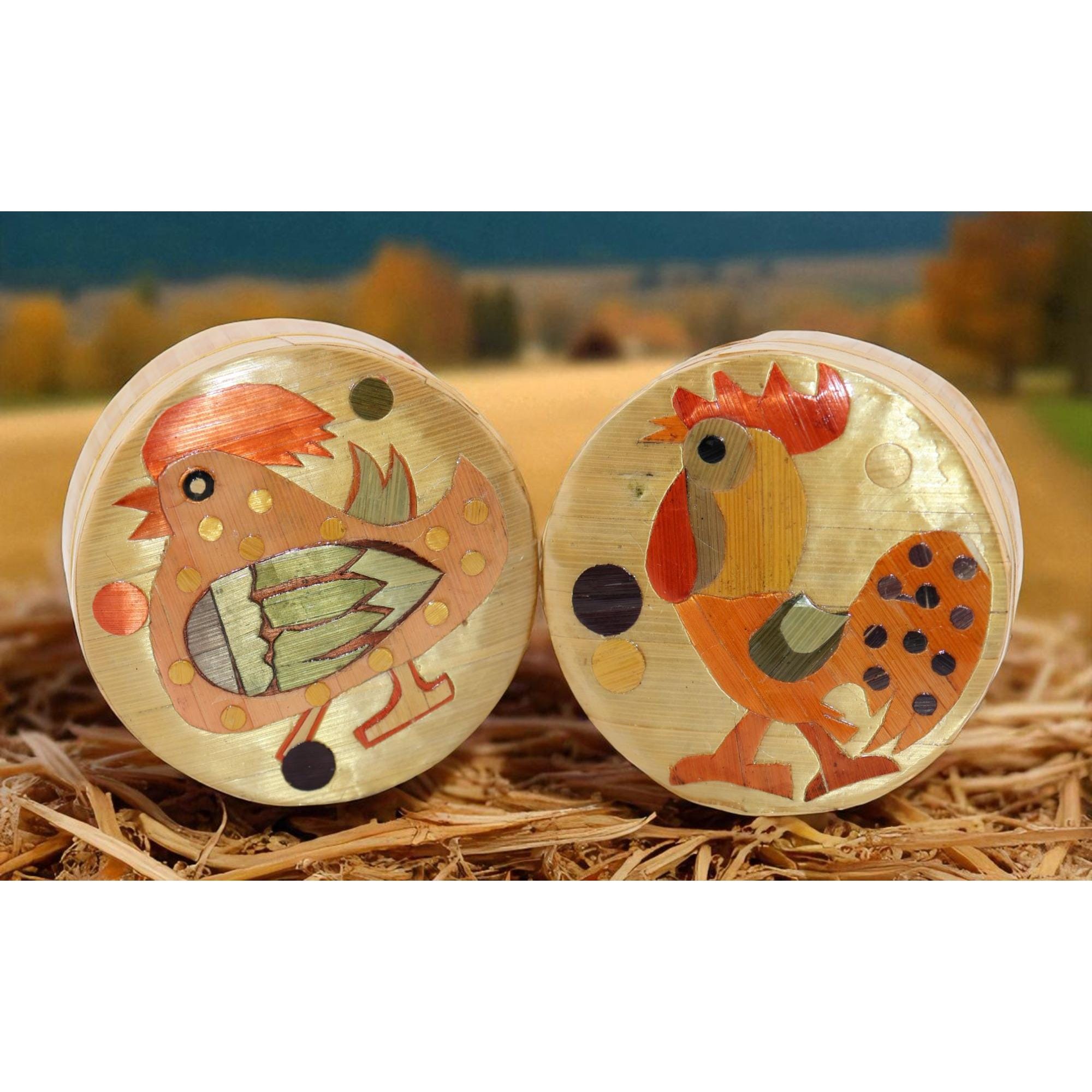 Vintage Chinese Straw Marquetry Trinket Box Pair Folk Art Rooster 