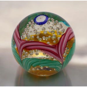 Vintage Millefiori Art Glass Paperweight – Colorful Swirls & Controlled Bubbles – Pink, Green, Yellow – Collectible Home Decor Gift
