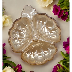 Vintage Carnival Glass Leaf-Shape Iridescent Peach Luster Candy Nut Serving Dish