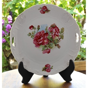 Vintage Porcelain Cake Plate: Red Rose Floral Embossed Serving Tray