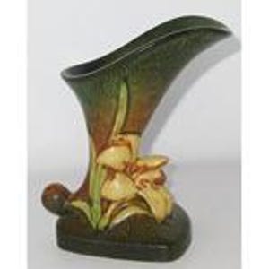 Vintage Roseville Brown Zephyr Lily Cornucopia Vase 203-6&quot; Green Yellow