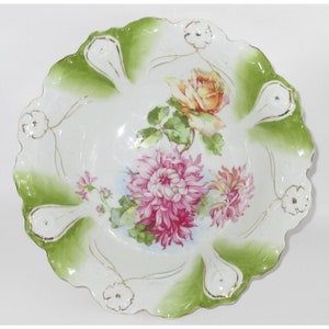 Antique PS Germany 11&quot; Porcelain Serving Bowl Green White Floral Rose Gold Trim