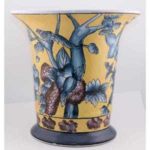 Vintage Chinese Porcelain Jardiniere Yellow Floral Bird Planter Cache Pot
