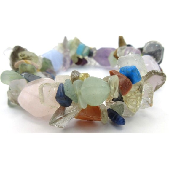 Triple Layer Stretch Bracelet Gemstone Chips Blue… - image 2