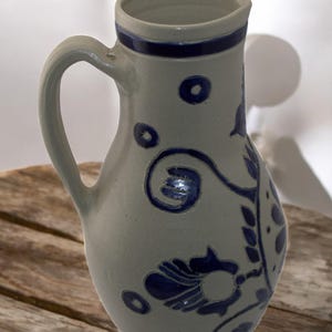 Westerwald Pottery Jug German Salt Glaze Stoneware Blue Floral Medallion 8.25&quot; Vintage Decorative Pitcher