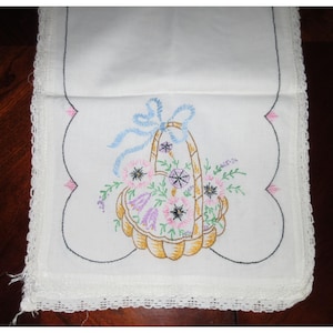 Vintage Hand-Embroidered Linen Table Runner Floral Basket Design & Lace Edges