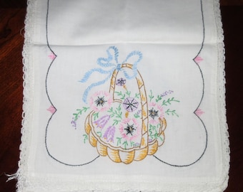 Vintage Hand-Embroidered Linen Table Runner Floral Basket Design & Lace Edges