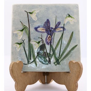 Salt Marsh Pottery Tile With Snowdrops & Iris Design 6"x6" Handcrafted Ceramic Art