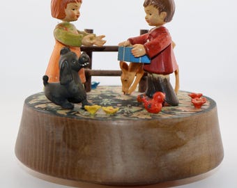Vintage ANRI Reuge Wooden Music Box Children Dog Deer Swiss