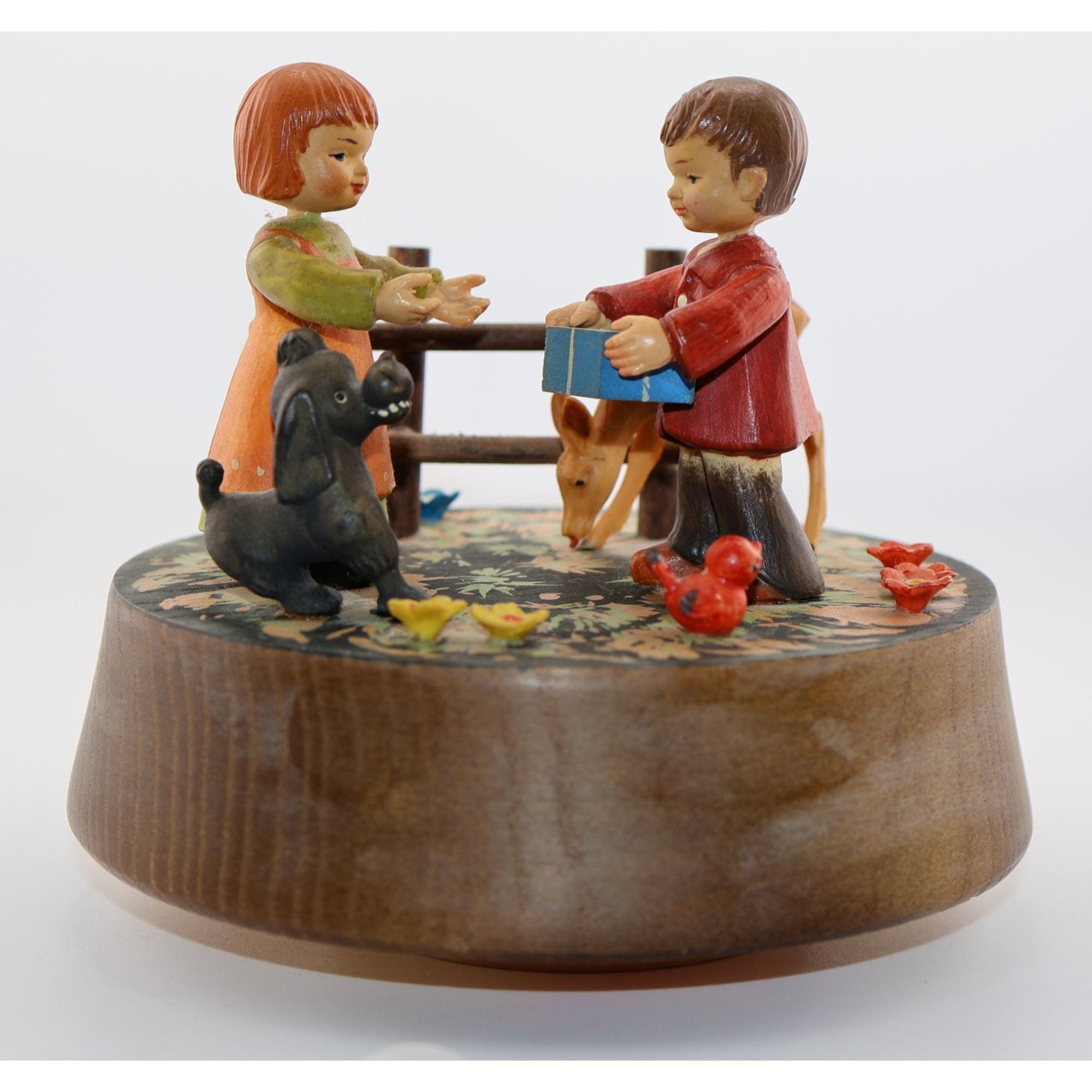 Vintage ANRI Reuge Wooden Music Box Children Dog Deer Swiss