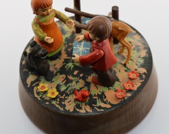 Vintage ANRI Reuge Wooden Music Box Children Dog Deer Swiss
