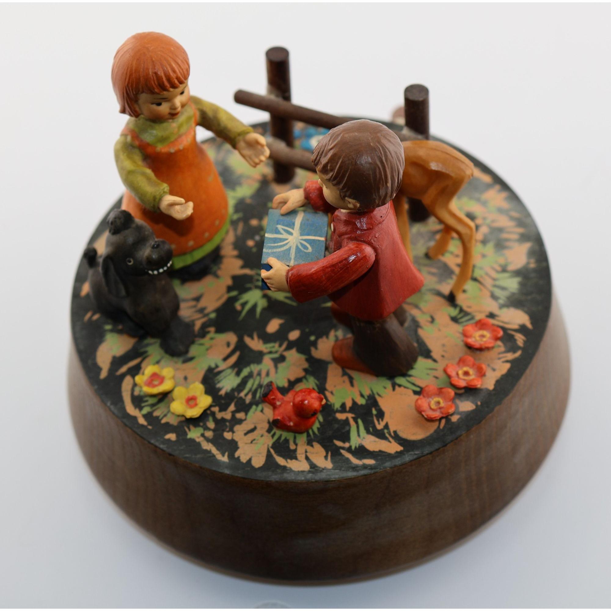 Vintage ANRI Reuge Wooden Music Box Children Dog Deer Swiss